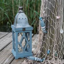 Medinis žibintas su metaline apdaila, dekoratyvinis žibintas pakabinimui, sodo puošmena mėlyna sidabrinė H51cm