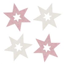 Medinė žvaigždė 3,5cm rožinė/balta su blizgučiais 72vnt
