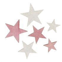 Medinė žvaigždė 3-5cm rožinė/balta su blizgučiais 24vnt