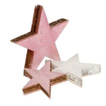 Medinė žvaigždė 3-5cm rožinė/balta su blizgučiais 24vnt