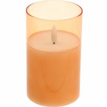 LED žvakė stiklinėje tikro vaško oranžinės spalvos Ø7,5cm H12,5cm