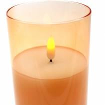 LED žvakė stiklinėje tikro vaško oranžinės spalvos Ø7,5cm H10cm