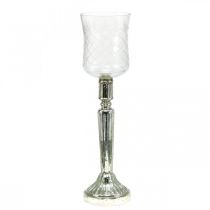 Žibinto stiklo žvakidė senovinės išvaizdos sidabrinė Ø11,5 cm H42,5 cm