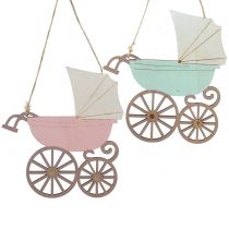 Deco pakabukas vežimėlis rožinis/mėlynas 16,5cm x 15cm 6vnt