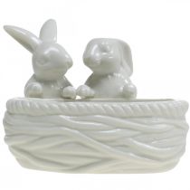 daiktų Triušiai su lizdu, stalo puošmena, velykinis lizdas, porcelianinė dekoracija, dekoratyvinis dubuo baltas L15cm H11cm