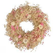Dekoratyvinis vainikas avižų vainikas natūralus vainikas šiaudinės gėlės rožinės Ø29cm