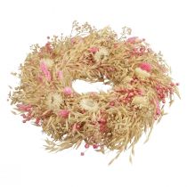 Dekoratyvinis vainikas avižų vainikas natūralus vainikas šiaudinės gėlės rožinės Ø29cm