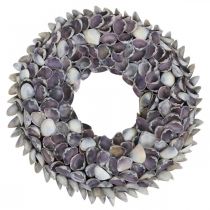 Kriauklių vainikas, violetinės spalvos skeveldros natūralios kriauklės, žiedas iš kriauklių Ø25cm