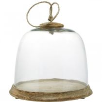 Stiklinis varpas su medine lėkšte, torto varpas su džiuto rankena H19cm Ø22,5cm