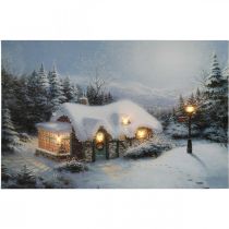 LED paveikslėlis Kalėdinis žiemos peizažas su namo LED sienele 58x38cm