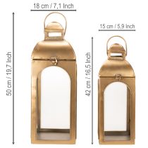 daiktų Žibintas metalinis, stiklinis, žalvario imitacijos, aukštis 50 cm, 2 vnt. rinkinys