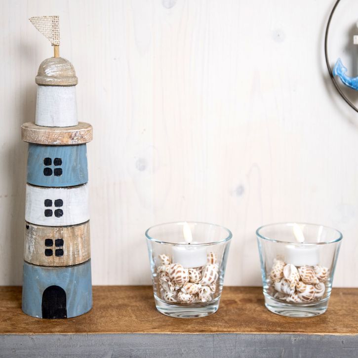 Medinis švyturys Maritime Wood Deco Blue White H30,5cm