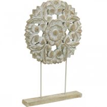 Gėlių mandala, medinė dekoracija į vietą, vasaros dekoracija, stalo puošmena shabby chic natural, balta H54.5cm Ø34cm