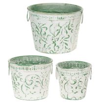 daiktų Metaliniai vazonai su rankenėlėmis, vazonai su įspaudu, balti, žali, shabby chic stiliaus, aukštis 20,5/18,5/16 cm, Ø 25,5/20,5/15,5 cm, 3 vnt. rinkinys