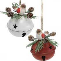 Varpeliai su robinais, paukščių dekoracijos, žieminiai, dekoratyviniai varpeliai Kalėdoms balti/raudoni Ø9cm H10cm rinkinys iš 2 vnt.