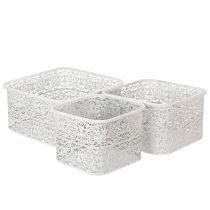 daiktų Metaliniai dubenėliai su nėrinių raštu, dekoratyvinis indas, kvadratinis, shabby chic stiliaus, balti, 27/23/19 cm, aukštis 13,5 cm, 3 vnt. rinkinys