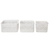 daiktų Metaliniai dubenėliai su nėrinių raštu, dekoratyvinis indas, kvadratinis, shabby chic stiliaus, balti, 27/23/19 cm, aukštis 13,5 cm, 3 vnt. rinkinys
