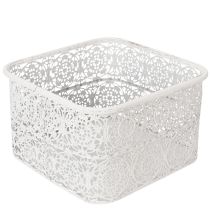 daiktų Metaliniai dubenėliai su nėrinių raštu, dekoratyvinis indas, kvadratinis, shabby chic stiliaus, balti, 27/23/19 cm, aukštis 13,5 cm, 3 vnt. rinkinys