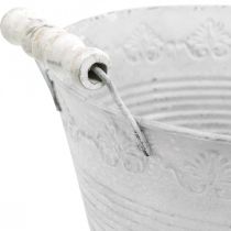 daiktų Metalinis indas, dekoratyvinis dubuo su raštu, vazonas su medinėmis rankenomis baltas, sidabrinis Ø21,5cm A14,5cm P24,5cm