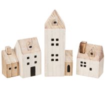 daiktų Mini kalėdinis kaimelio medinis papuošimas, baltas, natūralus, aukštis 13/7 cm, 6 vnt.