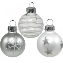 Mini kalėdiniai kamuoliukai balti, sidabriniai tikro stiklo Ø3cm 9vnt