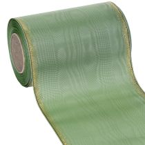 daiktų Muaro vainiko juostelė šalavijų žalios spalvos su auksiniu kraštu, 150 mm x 25 m, dekoratyvinė juostelė floristikai ir vainikams