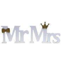Dekoratyvinės raidės Mr &amp; Mrs medis baltos, auksinės rūšiuotos H11/13,cm rinkinyje 4 vnt
