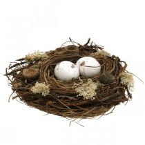 Velykinis lizdelis su kiaušiniais dirbtinė gamta, balta Velykinio stalo puošmena Ø19cm