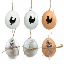 Velykų puošmena, vištienos kiaušiniai pakabinimui, dekoratyviniai kiaušinių plunksna ir vištiena, ruda, mėlyna, balta rinkinys iš 6 vnt.