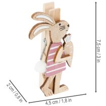 daiktų Velykų zuikučio dekoratyviniai segtukai, rožinės ir baltos spalvos mediniai velykiniai papuošimai, 7,5 cm, 4 vnt.