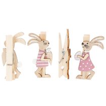 daiktų Velykų zuikučio dekoratyviniai segtukai, rožinės ir baltos spalvos mediniai velykiniai papuošimai, 7,5 cm, 4 vnt.