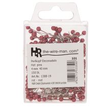 daiktų Raudoni dekoratyviniai smeigtukai su perlų galvutėmis floristams, Ø4mm, 40mm, 150 vnt.