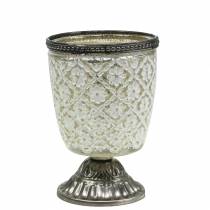 Arbatos šviesos stiklinis puodelis kaimiškas sidabrinis gėlėtas Ø9cm H13,5cm
