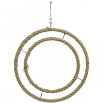 Dvigubas dekoratyvinis žiedas, žiedas dekoravimui, žiedas iš džiuto, boho stiliaus natūralios spalvos, sidabras Ø41cm