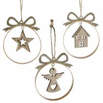 Dekoratyvinė kabykla Kalėdų eglutės rutulys su žvaigždute, angelu ir nameliu metalas, medis Ø8.5cm H11cm 3vnt.