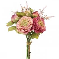 Rožių šilkiniai žiedai rudeninės puokštės puokštėje rožinė, violetinė H36cm