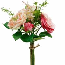 daiktų Dirbtinių rožių puokštė rožinių šilko gėlių puokštėje