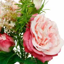 Dirbtinių rožių puokštė rožinių šilko gėlių puokštėje
