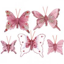 Deco drugeliai su segtuku, plunksniniai drugeliai rožiniai 4,5-8cm 10vnt