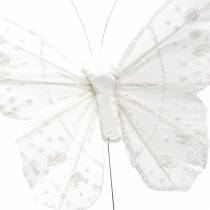 Plunksninis drugelis ant vielos baltas su blizgučiais 10cm 12vnt