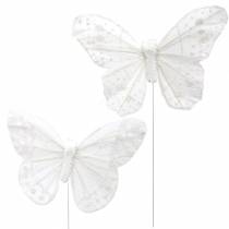 Plunksninis drugelis ant vielos baltas su blizgučiais 10cm 12vnt