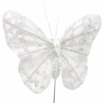 Plunksninis drugelis su viela balta, blizgučiai 5cm 24vnt