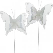 Drugeliai su perlais ir žėručiu, vestuvių dekoracijos, plunksniniai drugeliai ant baltos vielos
