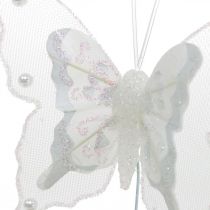 Drugeliai su perlais ir žėručiu, vestuvių dekoracijos, plunksniniai drugeliai ant baltos vielos