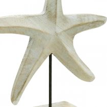 Jūros žvaigždė iš medžio, dekoratyvinė jūrinė skulptūra, jūros dekoracija natūralių spalvų, balta H28cm