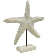 Jūros žvaigždė iš medžio, dekoratyvinė jūrinė skulptūra, jūros dekoracija natūralių spalvų, balta H28cm