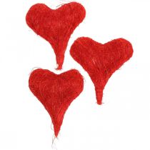 Raudonos sizalio širdelės, dekoracija vestuvėms, natūralūs sizalio pluoštai, Valentino diena H7,5–9cm 16vnt