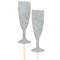 Naujųjų metų išvakarių dekoravimo šampano stiklo sidabro gėlių kamštis 9cm 18vnt