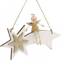 daiktų Angelas ant krentančios žvaigždės, kalėdinė dekoracija pakabinama, Advento balta, auksinė A13cm P21,5cm 2vnt.