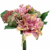 Puokštė jurginai ir protea, šilkinės gėlės, vasaros dekoracija L25cm